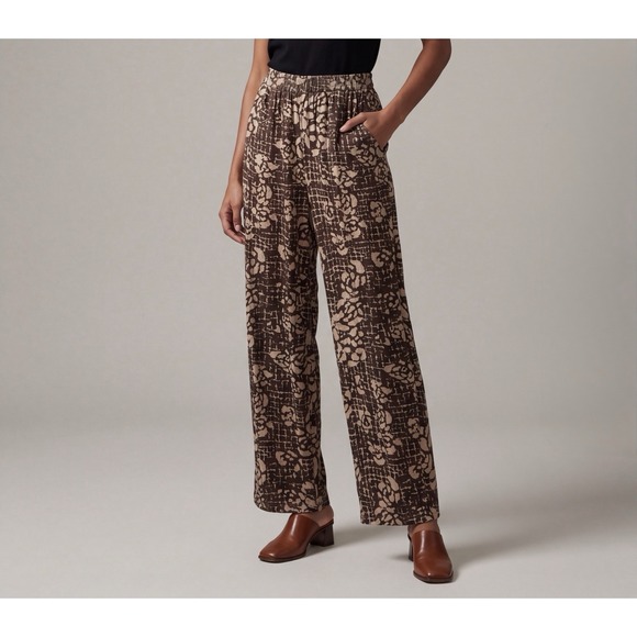 Gigio Pants - GIGIO Wide Leg Pull On Pants M Velvet Brown Abstract Print Stretch Casual Boho